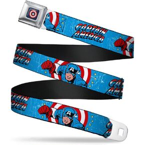 Buckle-Down Seatbelt Belt - CAPTAIN AMERICA w/Action Pose Weathered Blue - 1.0" Wide - 20-36 Inches in Length