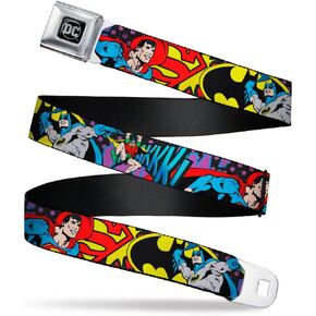 Buckle-Down Seatbelt Belt - Batman/Robin/Superman Pose/Logo Dot Black/Purple - 1.0" Wide - 20-36 Inches in Length