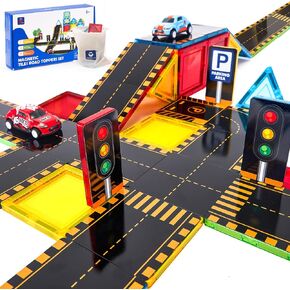 hahaland Magnetic Tiles Road Set - Magnetic Construction Toys with Cars for Ages 3-5 Toddlers Kids Preschool Montessori Toys for 3 4 5 6 7 Year Old Boys Girls Easter Birthday Gifts