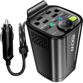 150W Car Power Inverter, Cup Holder DC 12V to 110V Car Plug Adapter Outlet Converter for Vehicles with 2 AC Outlets,1 USB /2 Type C Charging Ports,1 Cigarette Lighter Socket for Laptop Computer