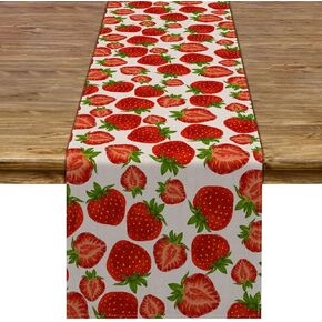 Pudodo Strawberry Table Runner Spring Summer Fruit Strawberry Themed Birthday Baby Shower Party Kitchen Dining Home Decoration (13" x 90")