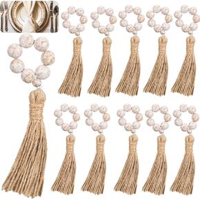 Maxcheck 12 Pcs Wood Bead Napkin Rings with Tassel Handmade Wooden Farmhouse Napkin Ring Natural Beaded Napkin Ring Holders for Tabletop Dining Party Wedding Gathering Home Decoration (Whitewashed)