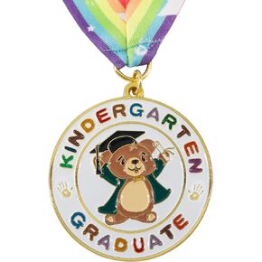 GraduatePro Kindergarten Graduation Medal with Rainbow Neck Ribbon Happy Bear, Kids Students Award Medallion Party Decoration Graduate Gift 2 Inches, Pack of 5