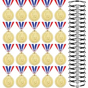 40 Sets 20 Pcs Soccer Awards Medals and 20 Pcs Soccer Bracelets for Kids Adults, Soccer Games Participation Party Favors Gifts