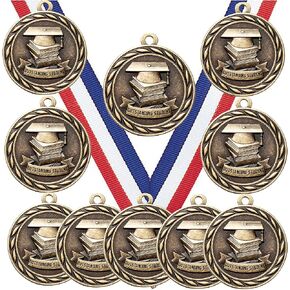 10 Pack of Outstanding Student Scholastic Gold Medals Trophy Award with Neck Ribbons MA