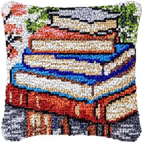 Old Books Latch Hook Pillowcase Kits for Adults and Starter DIY Cushion Cross Stitch Latch Hook Rug Kits with Preprinted Canvas Crochet Yarn Kits Needlework Crafts 17'' X 17''