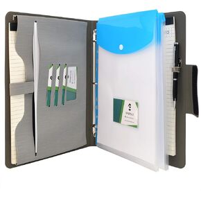 مجلد حلقي من Padfolio مع حقيبة مستندات موسعة، ومحفظة تنظيم الأعمال مع مجلد ثلاثي الحلقات وحافظة، رمادي