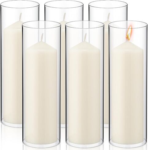 Yaomiao 6 Set Hurricane Candle Holder Sleeve with Unscented Pillar Candles Clear Glass Cylinder Candleholder Open Ended Glass Candle Cylinders Bottomless Chimney Tube Candle Shade Bulk (2.5 x 6 Inch) in Saudi Arabia