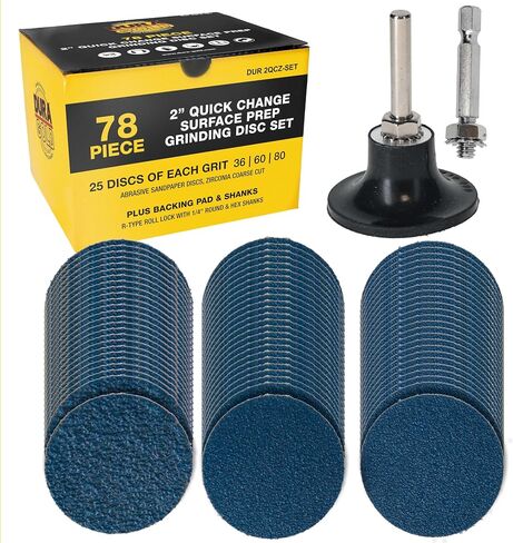 Dura-Gold 2" 36 Grit Quick Change Zirconia Coarse Cut Grinding Disc Set, 25 Discs & Backing Pad - R-Type Roll Lock Sandpaper Discs in Saudi Arabia