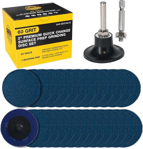 Dura-Gold 2" 36 Grit Quick Change Zirconia Coarse Cut Grinding Disc Set, 25 Discs & Backing Pad - R-Type Roll Lock Sandpaper Discs in Saudi Arabia