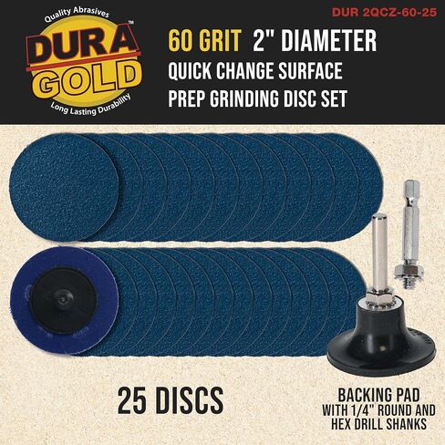 Dura-Gold 2" 36 Grit Quick Change Zirconia Coarse Cut Grinding Disc Set, 25 Discs & Backing Pad - R-Type Roll Lock Sandpaper Discs in Saudi Arabia