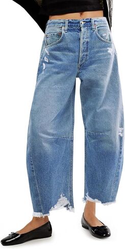 Cicy Bell Women's Baggy Wide Leg Jeans Barrel Horseshoe Boyfriend Cropped Raw Hem Denim Pants in Kuwait