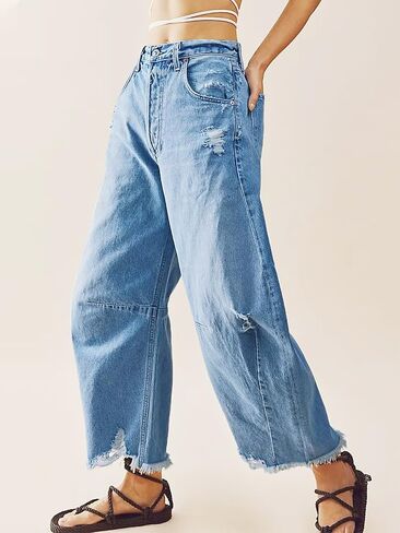 Cicy Bell Women's Baggy Wide Leg Jeans Barrel Horseshoe Boyfriend Cropped Raw Hem Denim Pants in Kuwait