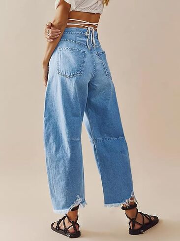 Cicy Bell Women's Baggy Wide Leg Jeans Barrel Horseshoe Boyfriend Cropped Raw Hem Denim Pants in Kuwait