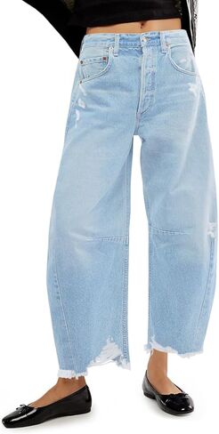 Cicy Bell Women's Baggy Wide Leg Jeans Barrel Horseshoe Boyfriend Cropped Raw Hem Denim Pants in Kuwait