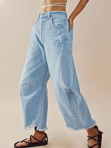 Cicy Bell Women's Baggy Wide Leg Jeans Barrel Horseshoe Boyfriend Cropped Raw Hem Denim Pants in Kuwait