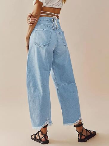 Cicy Bell Women's Baggy Wide Leg Jeans Barrel Horseshoe Boyfriend Cropped Raw Hem Denim Pants in Kuwait