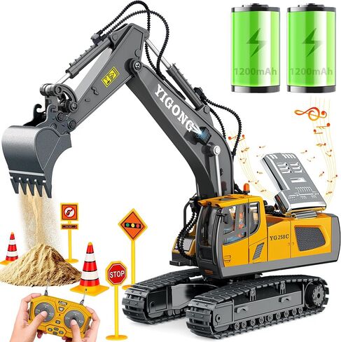 Remote Control Excavator Toys for Boys 3-5 year old, 680-degree Turns with 2 Batteries, Metal Shovel, Roadblock sign, Lights & Sounds, Construction RC Excavator Toy Best Birthday Gift for 6-12 yr Boys in Saudi Arabia