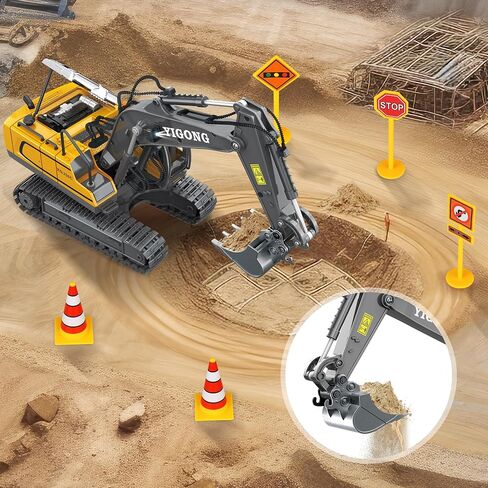 Remote Control Excavator Toys for Boys 3-5 year old, 680-degree Turns with 2 Batteries, Metal Shovel, Roadblock sign, Lights & Sounds, Construction RC Excavator Toy Best Birthday Gift for 6-12 yr Boys in Saudi Arabia