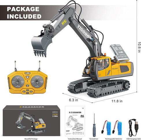 Remote Control Excavator Toys for Boys 3-5 year old, 680-degree Turns with 2 Batteries, Metal Shovel, Roadblock sign, Lights & Sounds, Construction RC Excavator Toy Best Birthday Gift for 6-12 yr Boys in Saudi Arabia