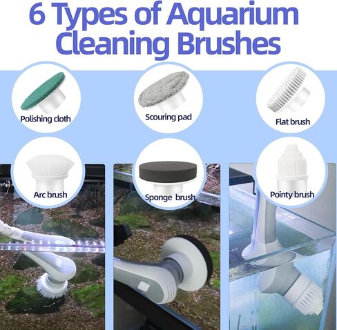 Rechargeable Electric Aquarium Cleaning Brush, IP68 Waterproof Electric Cleaner Tools Kit with 6 Replaceable Spin Heads,Power Fish Tank Brush 2 Adjustable Speeds,Detachable/Adjustable Long Handle in Kuwait