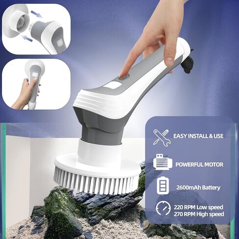 Rechargeable Electric Aquarium Cleaning Brush, IP68 Waterproof Electric Cleaner Tools Kit with 6 Replaceable Spin Heads,Power Fish Tank Brush 2 Adjustable Speeds,Detachable/Adjustable Long Handle in Kuwait