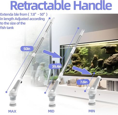 Rechargeable Electric Aquarium Cleaning Brush, IP68 Waterproof Electric Cleaner Tools Kit with 6 Replaceable Spin Heads,Power Fish Tank Brush 2 Adjustable Speeds,Detachable/Adjustable Long Handle in Kuwait
