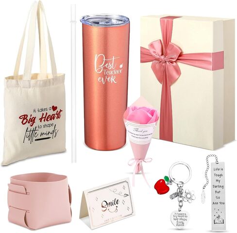 Nuenen 8 Pcs Teacher Gift Teacher Appreciation Gifts Set for Women 20 oz Tumbler Canvas Tote Bag Leather Storage Bucket Flower Greeting Card Bookmark Key Chain Thank You Teacher Gift(Blue) in Saudi Arabia