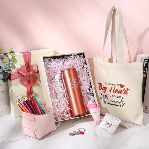 Nuenen 8 Pcs Teacher Gift Teacher Appreciation Gifts Set for Women 20 oz Tumbler Canvas Tote Bag Leather Storage Bucket Flower Greeting Card Bookmark Key Chain Thank You Teacher Gift(Blue) in Saudi Arabia