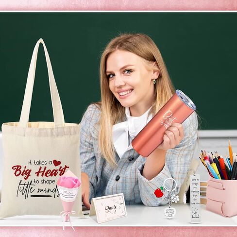 Nuenen 8 Pcs Teacher Gift Teacher Appreciation Gifts Set for Women 20 oz Tumbler Canvas Tote Bag Leather Storage Bucket Flower Greeting Card Bookmark Key Chain Thank You Teacher Gift(Blue) in Saudi Arabia
