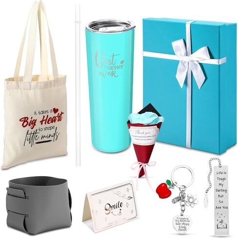 Nuenen 8 Pcs Teacher Gift Teacher Appreciation Gifts Set for Women 20 oz Tumbler Canvas Tote Bag Leather Storage Bucket Flower Greeting Card Bookmark Key Chain Thank You Teacher Gift(Blue) in Saudi Arabia