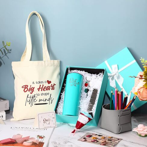 Nuenen 8 Pcs Teacher Gift Teacher Appreciation Gifts Set for Women 20 oz Tumbler Canvas Tote Bag Leather Storage Bucket Flower Greeting Card Bookmark Key Chain Thank You Teacher Gift(Blue) in Saudi Arabia