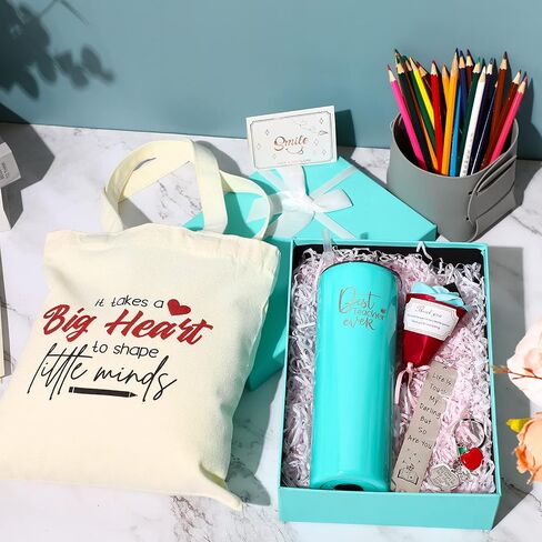 Nuenen 8 Pcs Teacher Gift Teacher Appreciation Gifts Set for Women 20 oz Tumbler Canvas Tote Bag Leather Storage Bucket Flower Greeting Card Bookmark Key Chain Thank You Teacher Gift(Blue) in Saudi Arabia