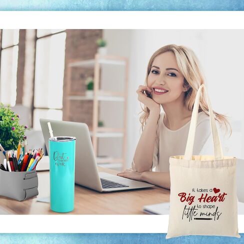 Nuenen 8 Pcs Teacher Gift Teacher Appreciation Gifts Set for Women 20 oz Tumbler Canvas Tote Bag Leather Storage Bucket Flower Greeting Card Bookmark Key Chain Thank You Teacher Gift(Blue) in Saudi Arabia
