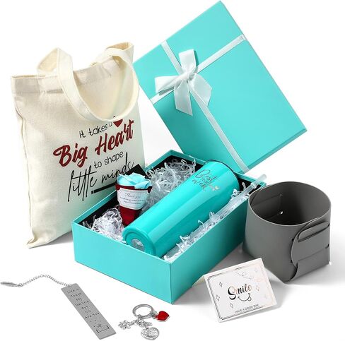 Nuenen 8 Pcs Teacher Gift Teacher Appreciation Gifts Set for Women 20 oz Tumbler Canvas Tote Bag Leather Storage Bucket Flower Greeting Card Bookmark Key Chain Thank You Teacher Gift(Blue) in Saudi Arabia
