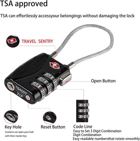 Re-settable 3 Digit Combination Luggage Lock Travel Padlock TSA Approved Cable Lock with Zinc Alloy Body for Gym,Backpack,Bike Locks,Lockers,Case,Toolbox,Doors&Windows(Black,1 Pack) in Saudi Arabia