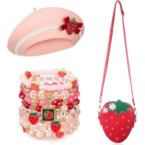 10 Pcs Strawberry Costume Accessories Set for Women Cute Strawberry Beret Hat Purse Stackable Heishi Bracelets for Halloween Cosplay in Saudi Arabia