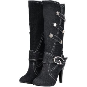 Uniquelly Womens Denim Knee High Boots Stiletto High Heel Mid Calf Slip On Round Toe Classic Retro Winter Shoes in Saudi Arabia