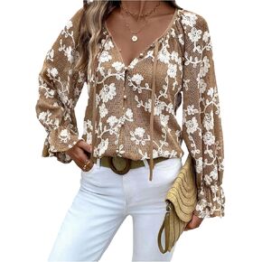 MakeMeChic Women's Floral V Neck Blouse Tops Bell Sleeve Button Down Tie Front Shirt in Saudi Arabia