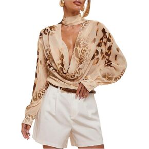 GORGLITTER Women's Y2K Leopard Draped Front Sheer Blouse Cheetah Long Sleeve Sexy Mesh Shirt with Scarf in Saudi Arabia