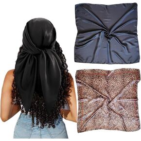 2pcs 35"Satin Head Scarf Silk Like Hair Scarf Large Head Scarves Bandana Head Wraps Headscarfs for Women Black in Kuwait