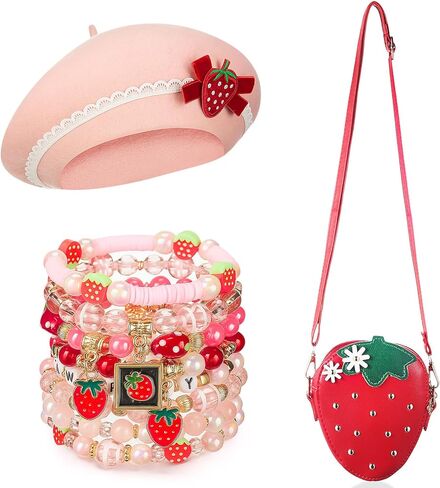 10 Pcs Strawberry Costume Accessories Set for Women Cute Strawberry Beret Hat Purse Stackable Heishi Bracelets for Halloween Cosplay in Saudi Arabia