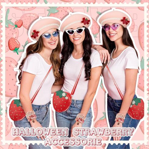 10 Pcs Strawberry Costume Accessories Set for Women Cute Strawberry Beret Hat Purse Stackable Heishi Bracelets for Halloween Cosplay in Saudi Arabia