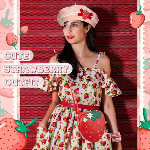 10 Pcs Strawberry Costume Accessories Set for Women Cute Strawberry Beret Hat Purse Stackable Heishi Bracelets for Halloween Cosplay in Saudi Arabia