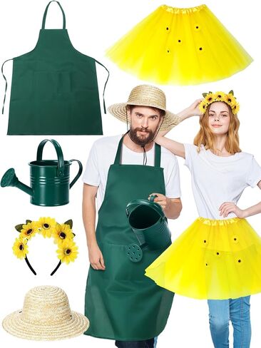 Mepase 5 Pcs Sunflower and Gardener Halloween Couple Costume Sunflower Headband Sun Flower Tutu Green Skirt Watering Can Straw Hat Green Apron for Adults Halloween Cosplay Garden Supplies Party in Saudi Arabia