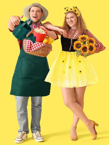Mepase 5 Pcs Sunflower and Gardener Halloween Couple Costume Sunflower Headband Sun Flower Tutu Green Skirt Watering Can Straw Hat Green Apron for Adults Halloween Cosplay Garden Supplies Party in Saudi Arabia