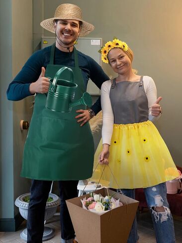 Mepase 5 Pcs Sunflower and Gardener Halloween Couple Costume Sunflower Headband Sun Flower Tutu Green Skirt Watering Can Straw Hat Green Apron for Adults Halloween Cosplay Garden Supplies Party in Saudi Arabia