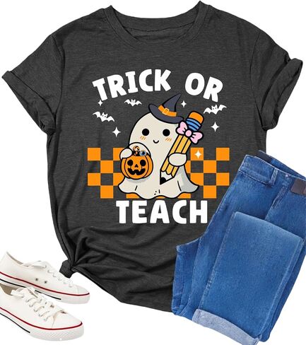 Halloween Teacher Shirts for Women Trick Or Teach Shirts Ghost T Shirt Bookish Tee Funny Cute Short Sleeve Tops in Kuwait