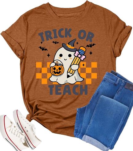 Halloween Teacher Shirts for Women Trick Or Teach Shirts Ghost T Shirt Bookish Tee Funny Cute Short Sleeve Tops in Kuwait