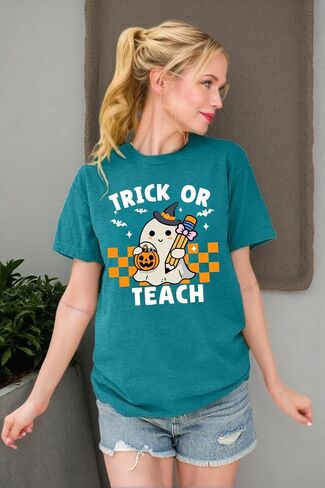 Halloween Teacher Shirts for Women Trick Or Teach Shirts Ghost T Shirt Bookish Tee Funny Cute Short Sleeve Tops in Kuwait